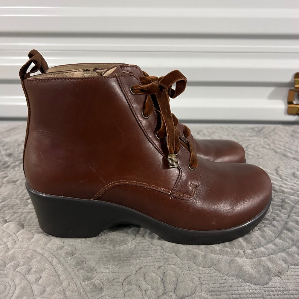Alegria Brown Leather Wedge Ankle Boots Velvet Ribbon Lace Side Zip Womens EU 38